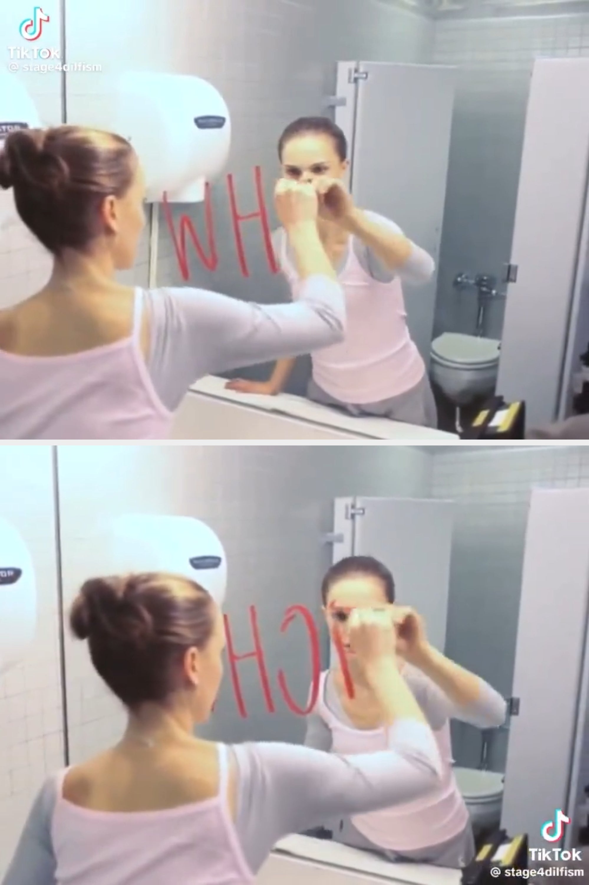 Person successful  bath  writes connected  reflector  with lipstick, reflected successful  mirror