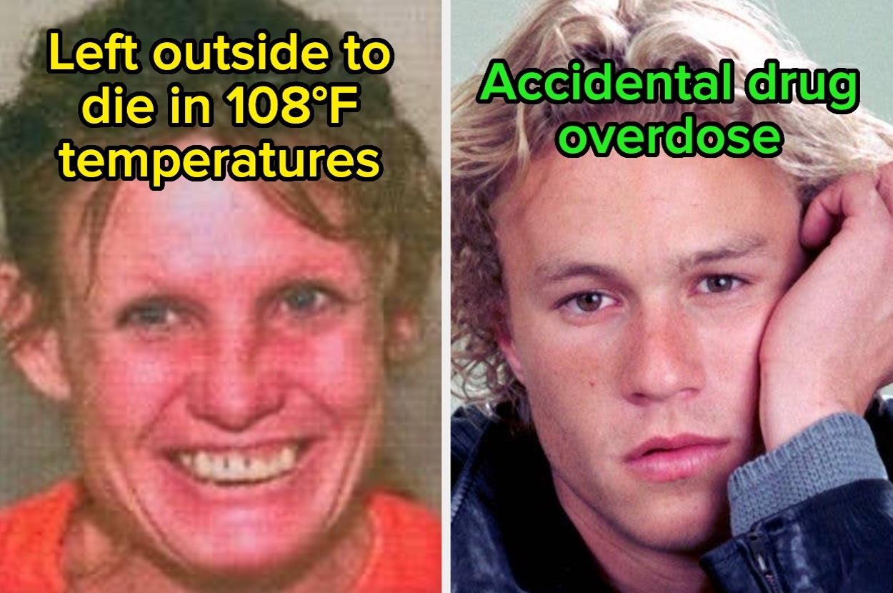 Two side-by-side photos. Left: smiling woman with text "Left outside to die in 108°F temperatures." Right: person resting hand on face with text "Accidental drug overdose."