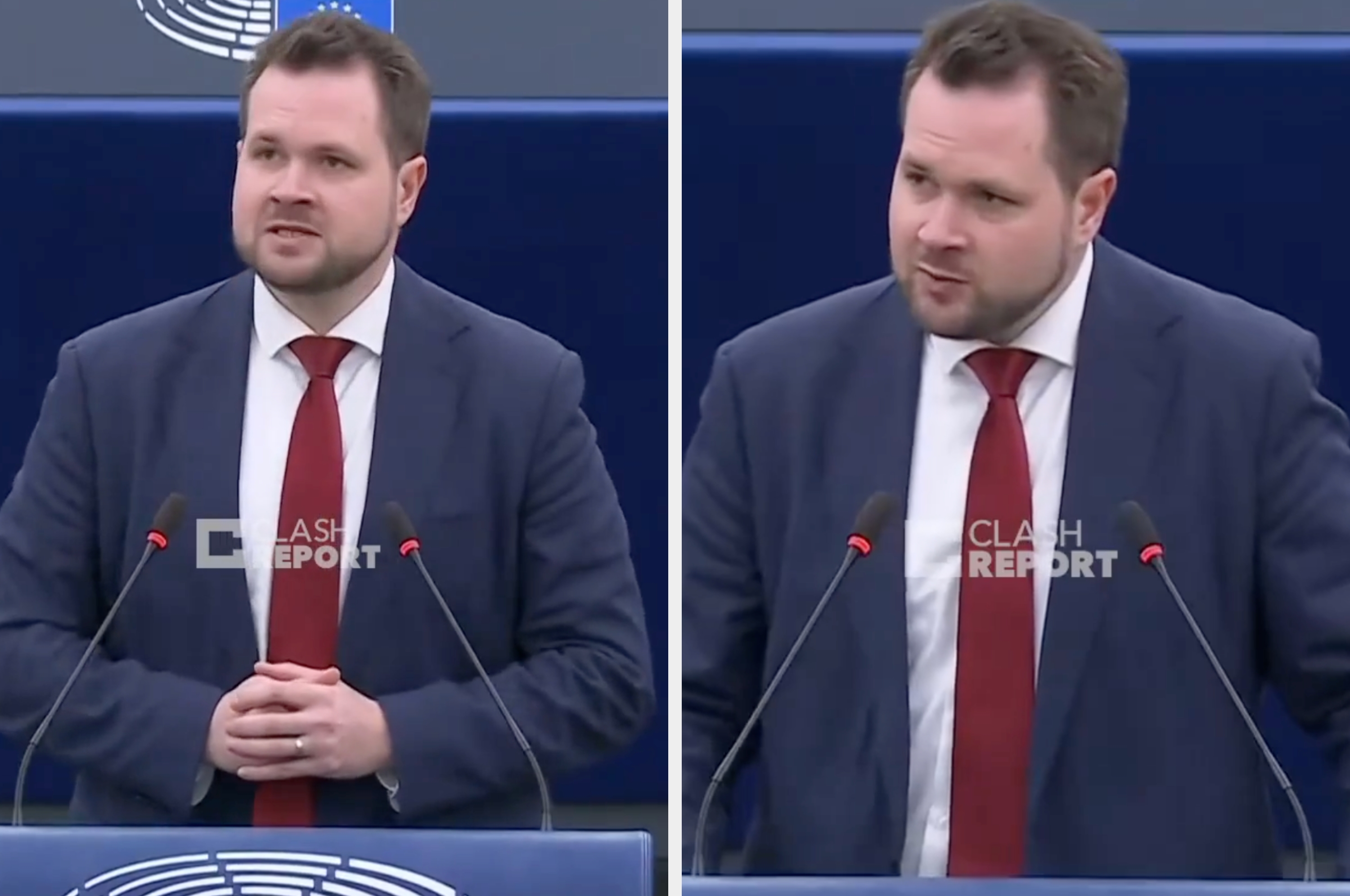 Man in a suit and tie speaking at a podium with a quote overlay: "Mr. President, bug off."