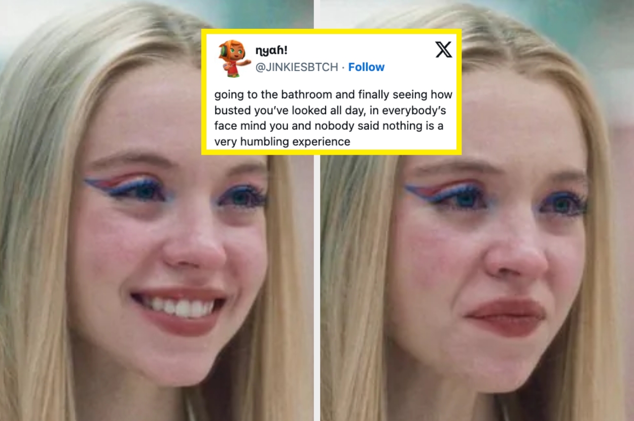 Split image of a person appearing emotional, with a tweet overlay about the humbling feeling of realizing you've looked unkempt all day