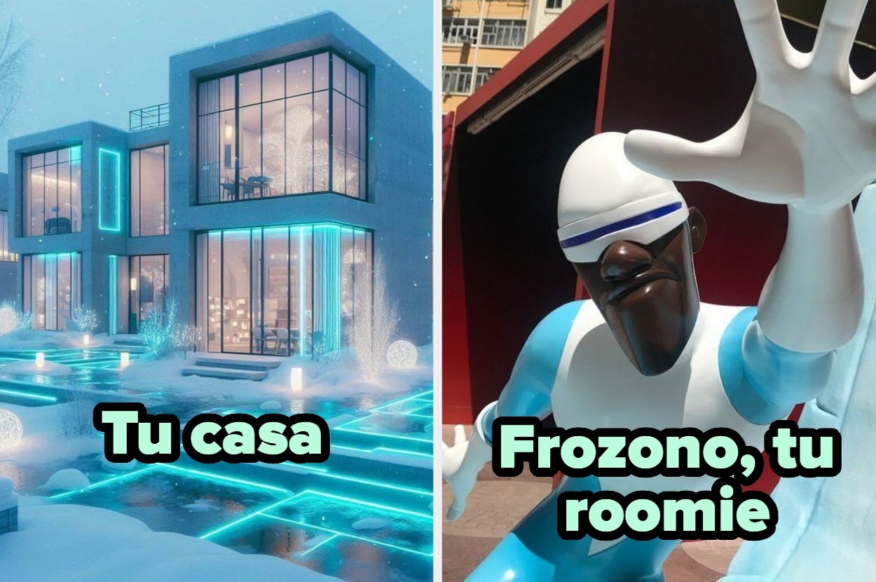 Dividido: A la izquierda, moderna casa minimalista. A la derecha, figura de Frozone con la leyenda "Frozone, tu roomie"