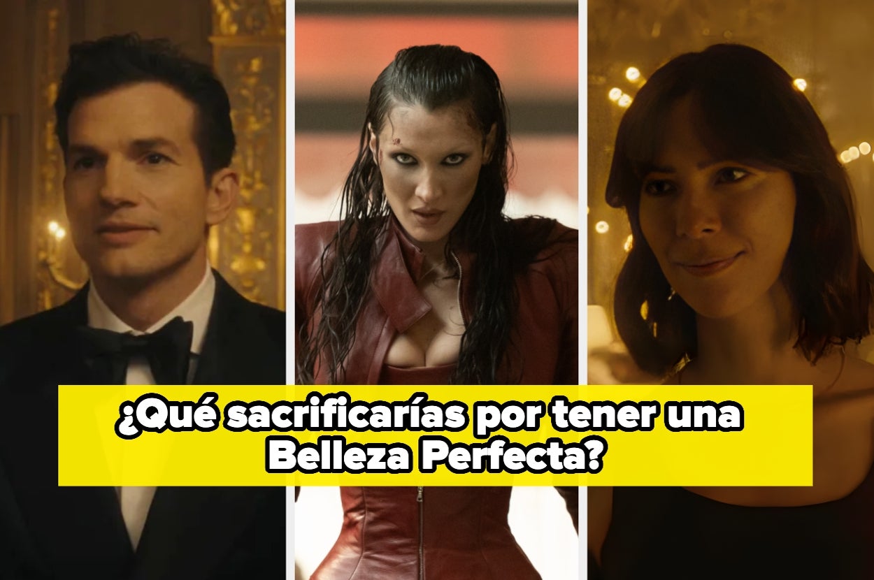 Tres personas posan seriamente; el texto dice: "¿Qué sacrificarías por tener una Belleza Perfecta?"