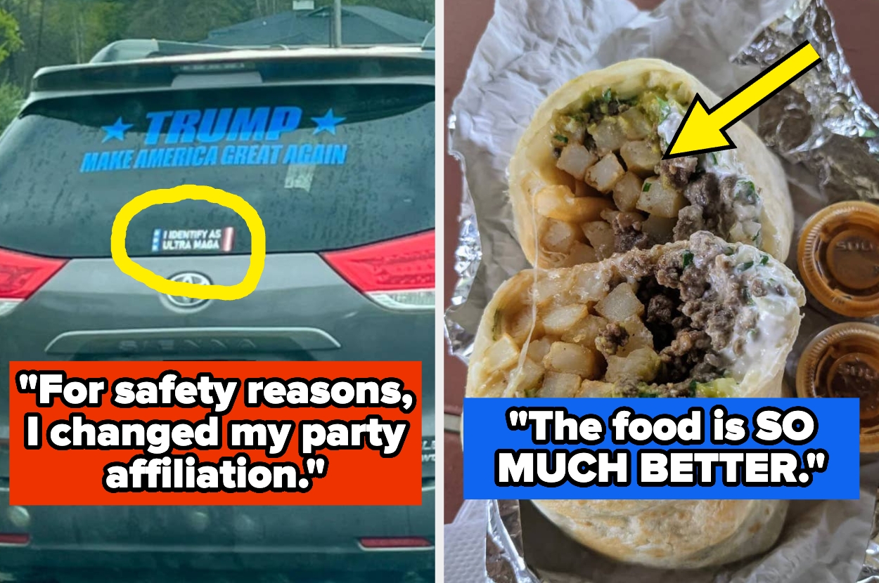 A car with a political sticker on the left, and a burrito with steak and potatoes on the right, with captions on each side