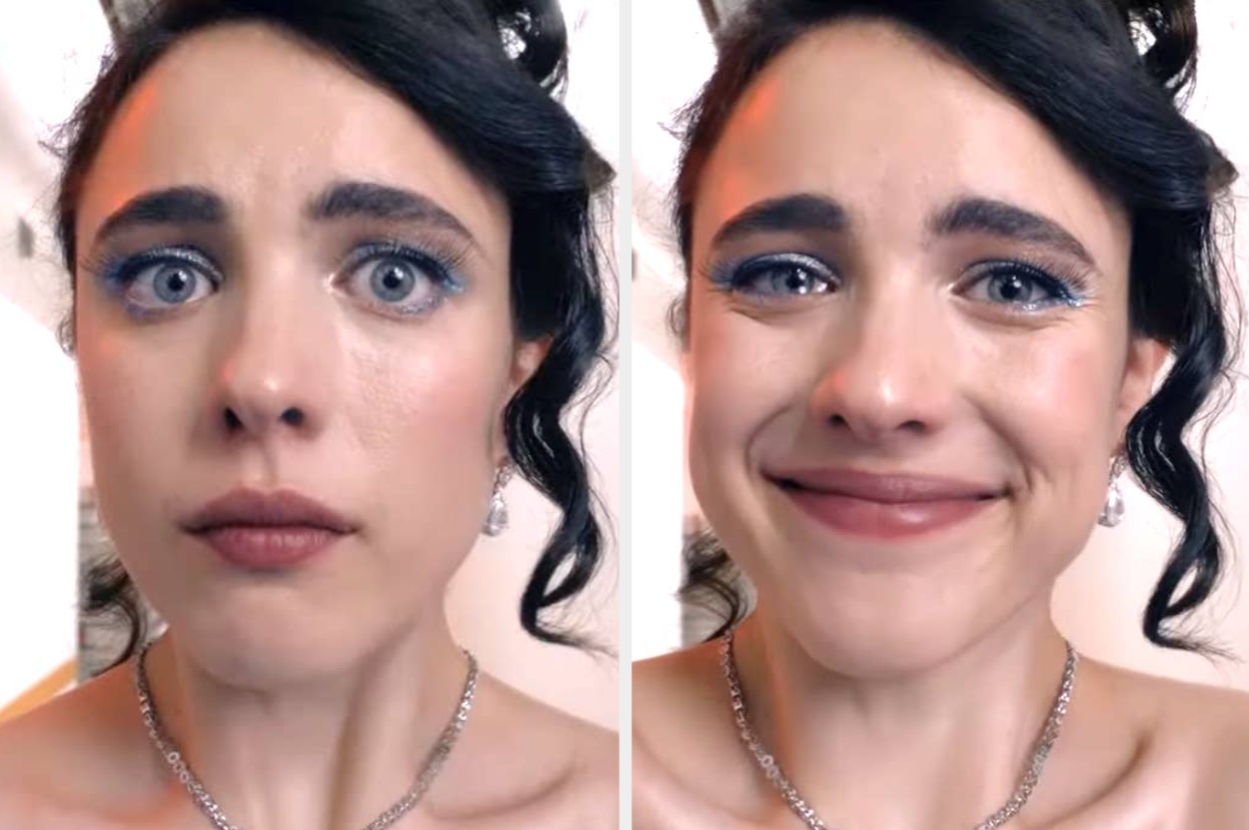 Two side-by-side close-up portraits of a woman with varying expressions: surprised on the left and smiling on the right, wearing elegant jewelry