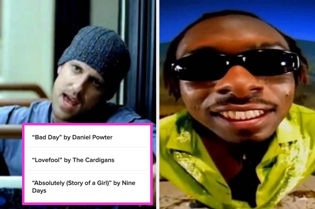 Split-screen: Left, man in beanie from “Bad Day” music video; Right, man in green shirt and sunglasses from “Absolutely (Story of a Girl)” video