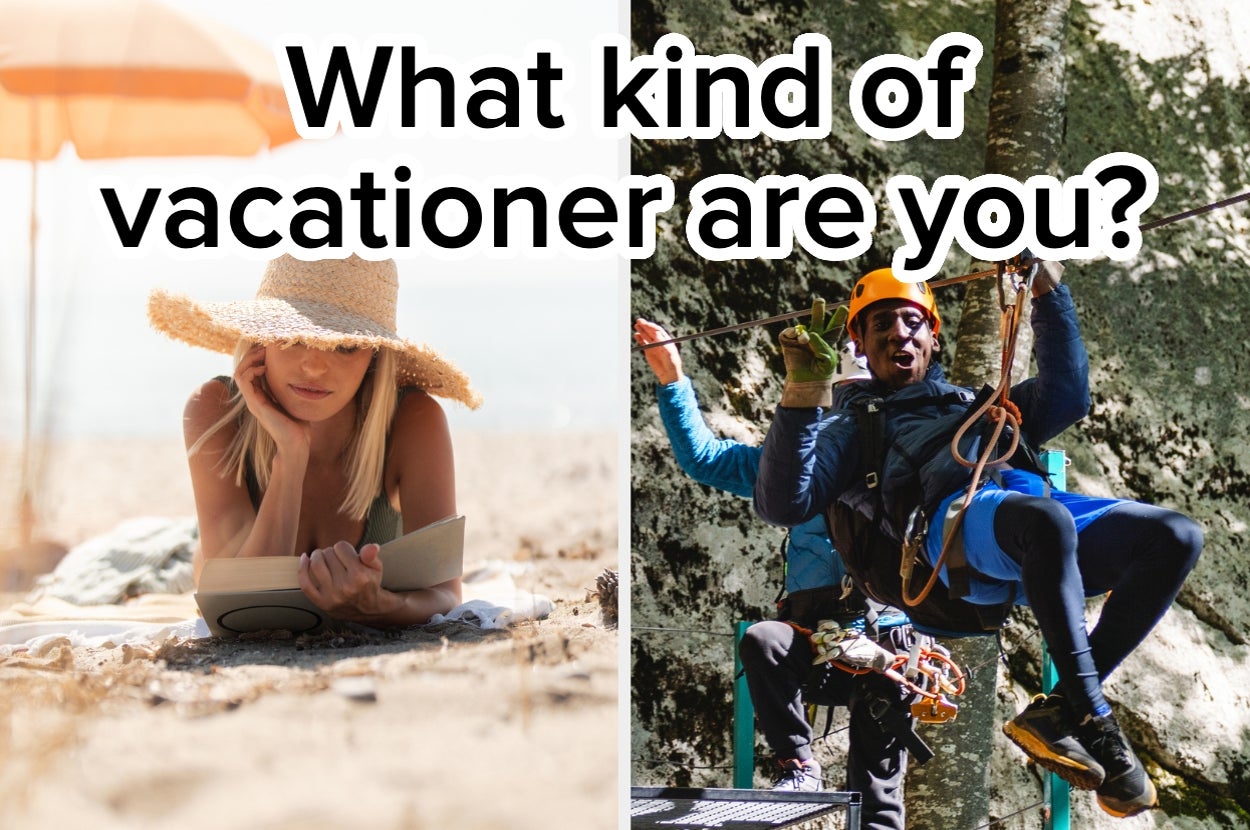 Split image: Left shows a person reading on the beach in a sun hat; right shows a person zip-lining with safety gear. Caption asks vacation preference