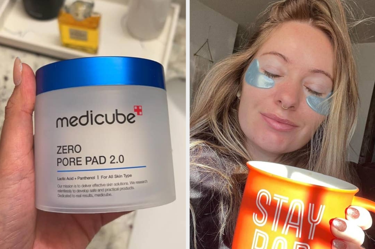 Person applying pore strips from Medicube Zero Pore Pad 2.0, holding a mug with "Stay Posi" text. Image used in a shopping article