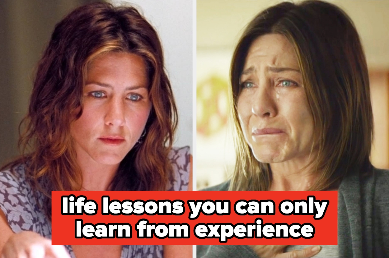 Split image of a woman with a contemplative expression and a sad, crying face, text overlay: "life lessons you can only learn from experience"
