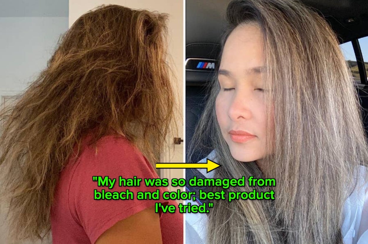 Two images show a person with bleached, damaged hair and then with smooth, healthy hair. Text praises a hair product's effectiveness