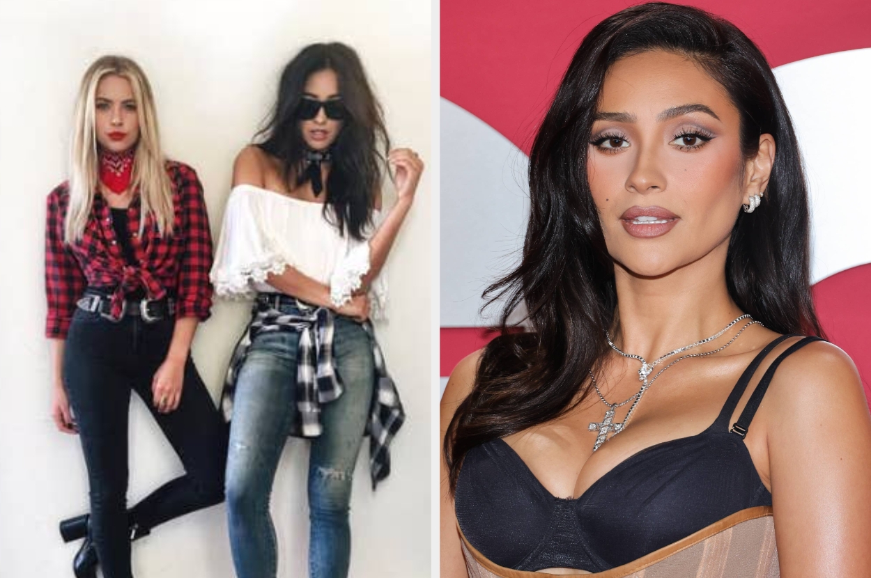 Two women pose casually in stylish outfits; one sports a red bandana and plaid shirt. Another image shows a person in a chic corset dress on a red carpet