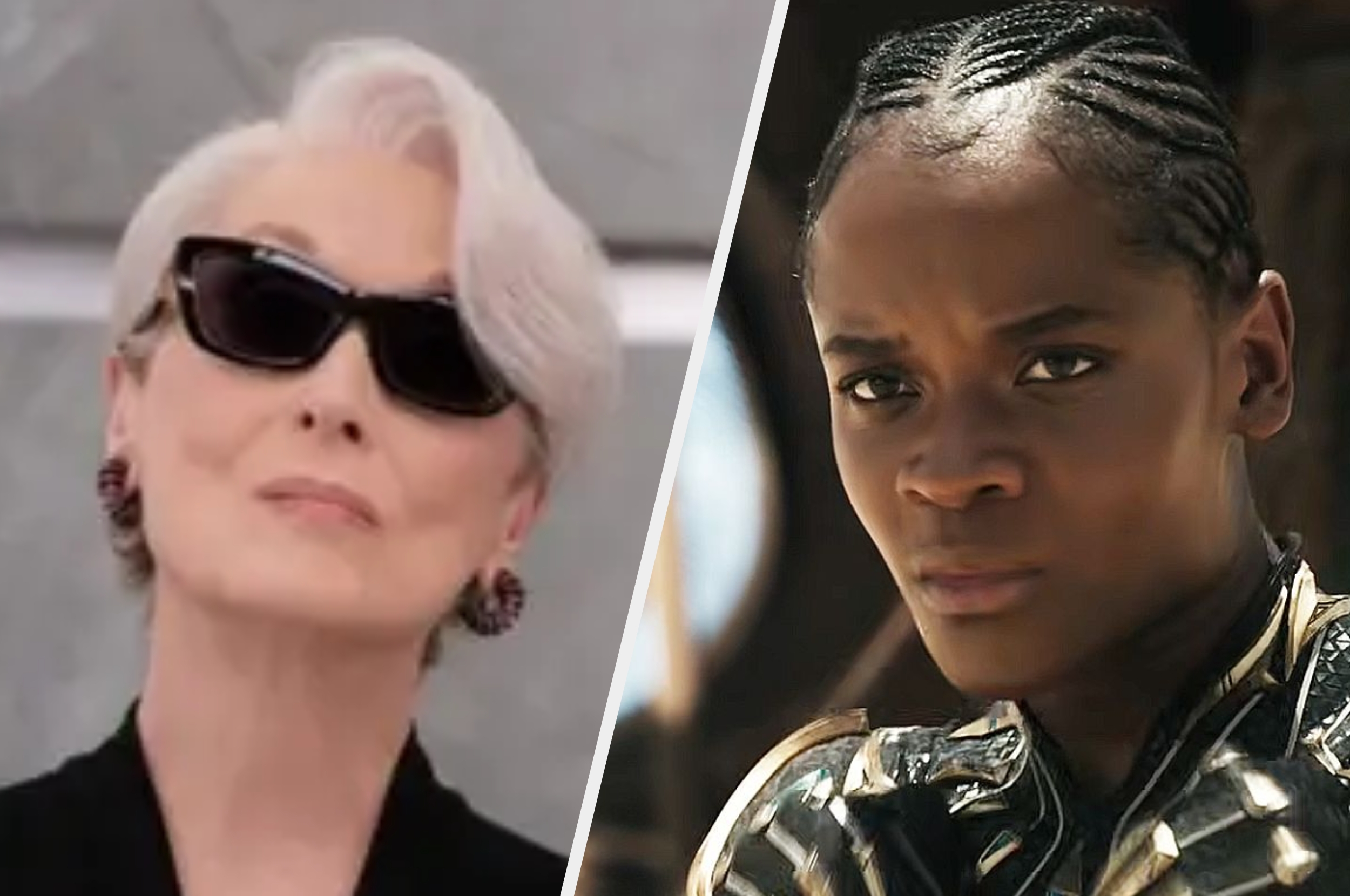 Left: Person with short, styled hair, wearing dark sunglasses and earrings. Right: Person with a serious expression, wearing a detailed, patterned top