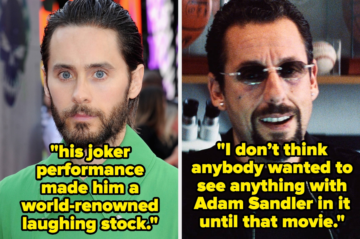 Split image: Left shows a man with slicked-back hair, a beard, and formal wear next to a quote about his Joker role. Right shows a man in glasses next to a quote about Adam Sandler's movie
