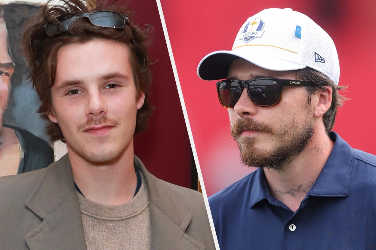 Two images: Left shows a person in a casual blazer and shirt. Right shows the same person in a sporty cap and sunglasses