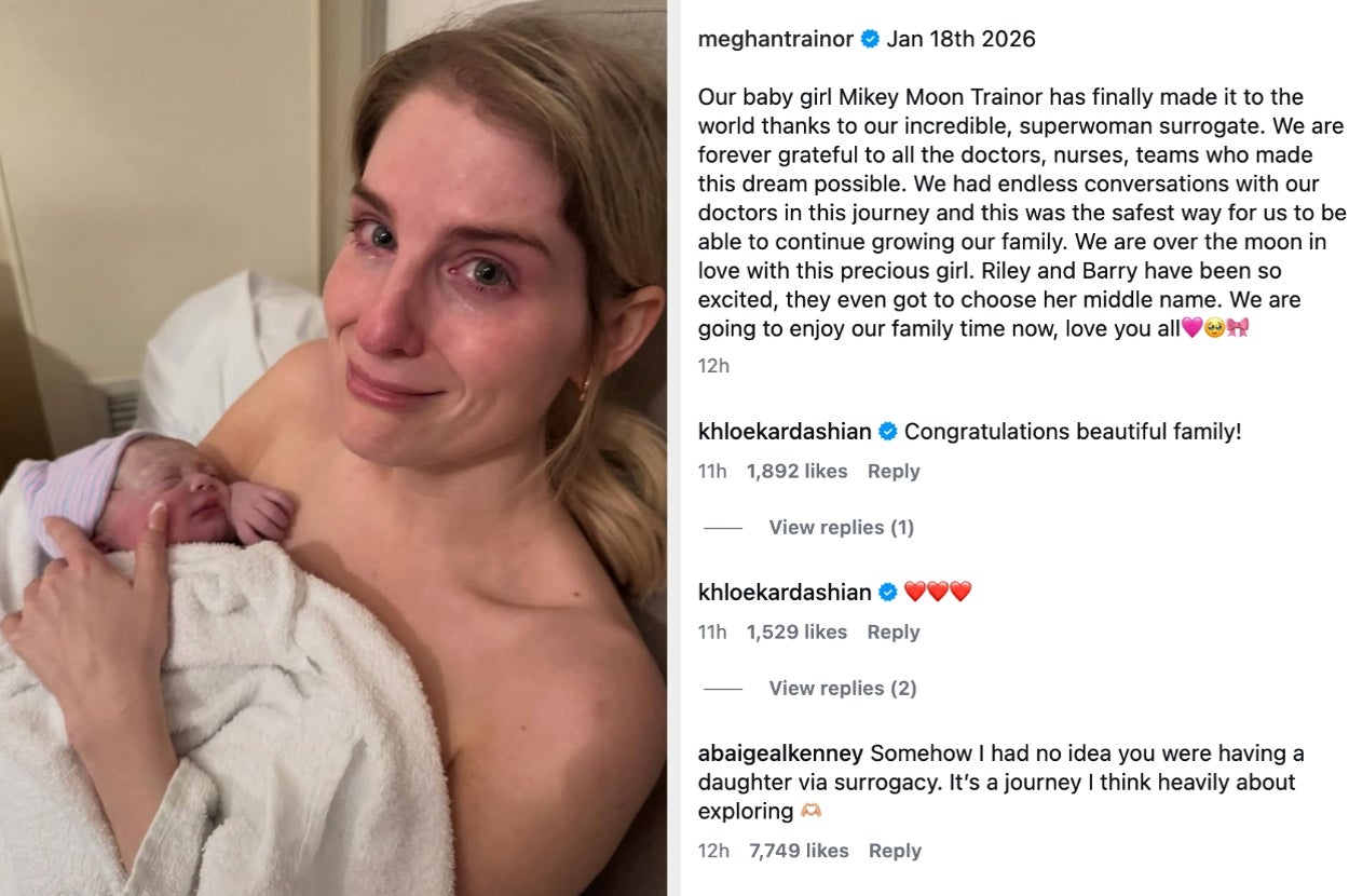 Left: Meghan Trainor holding a newborn baby. Right: Comments on her social media post celebrating the baby's birth via a surrogate