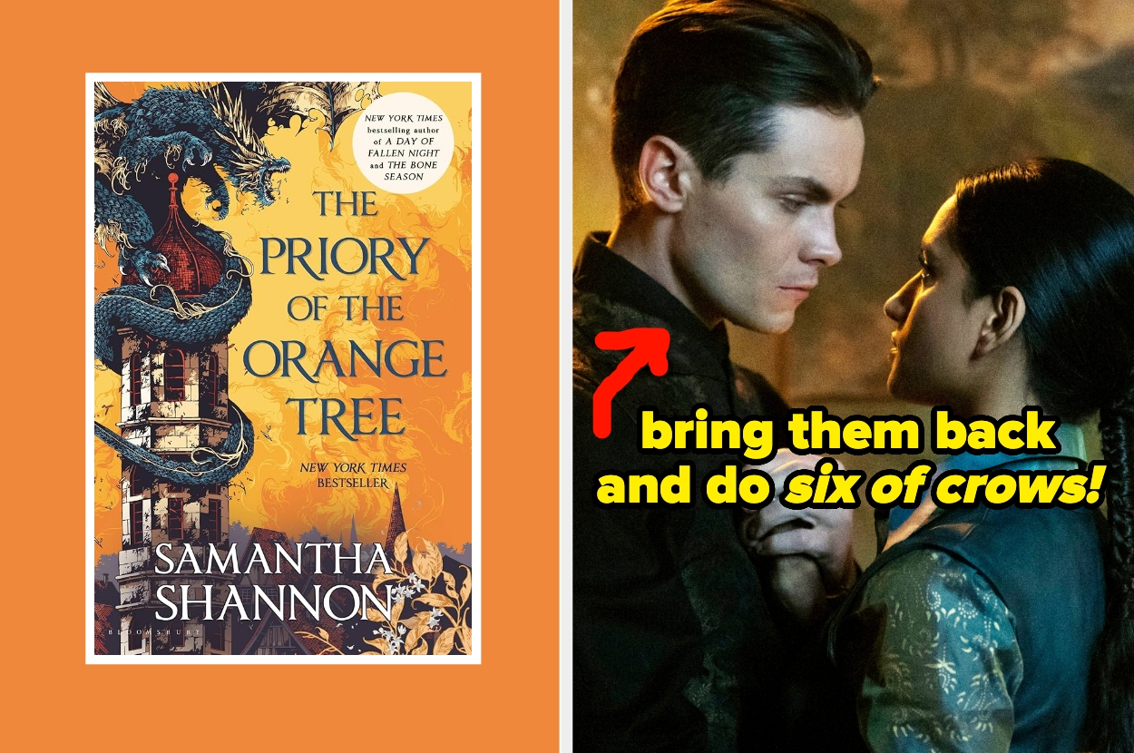 Book cover for "The Priory of the Orange Tree" next to an image of two characters with text urging to bring back "Six of Crows."