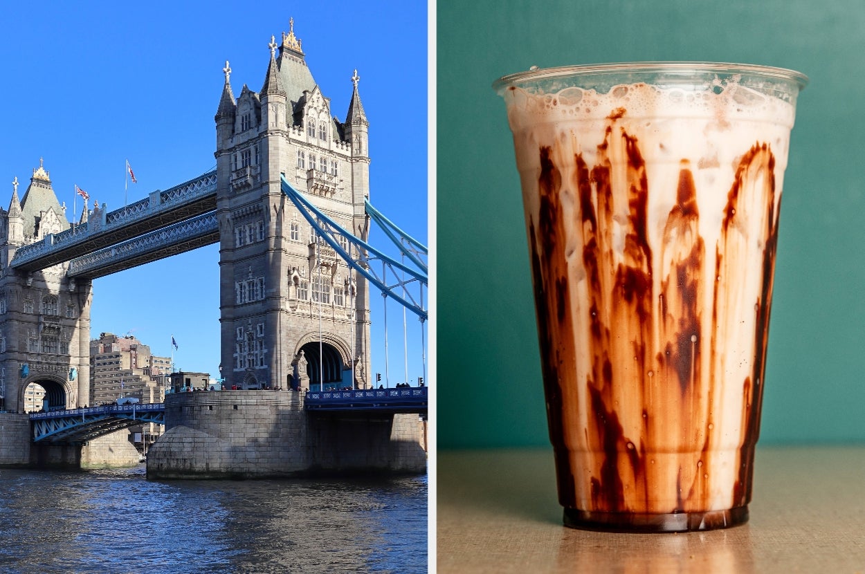 Split image: Tower Bridge over the Thames River on the left; chocolate drizzled iced drink in a clear cup on the right