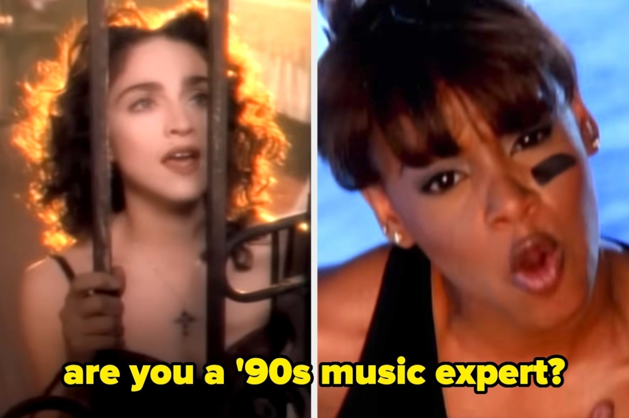 Split image quiz prompt featuring two female '90s music artists. Text: "Are you a '90s music expert?"