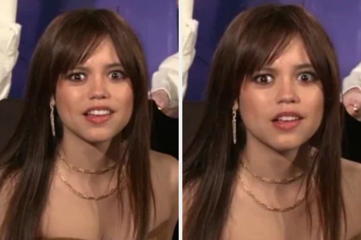 Person with long hair and elegant jewelry looks surprised in side-by-side photos, wearing an off-shoulder outfit