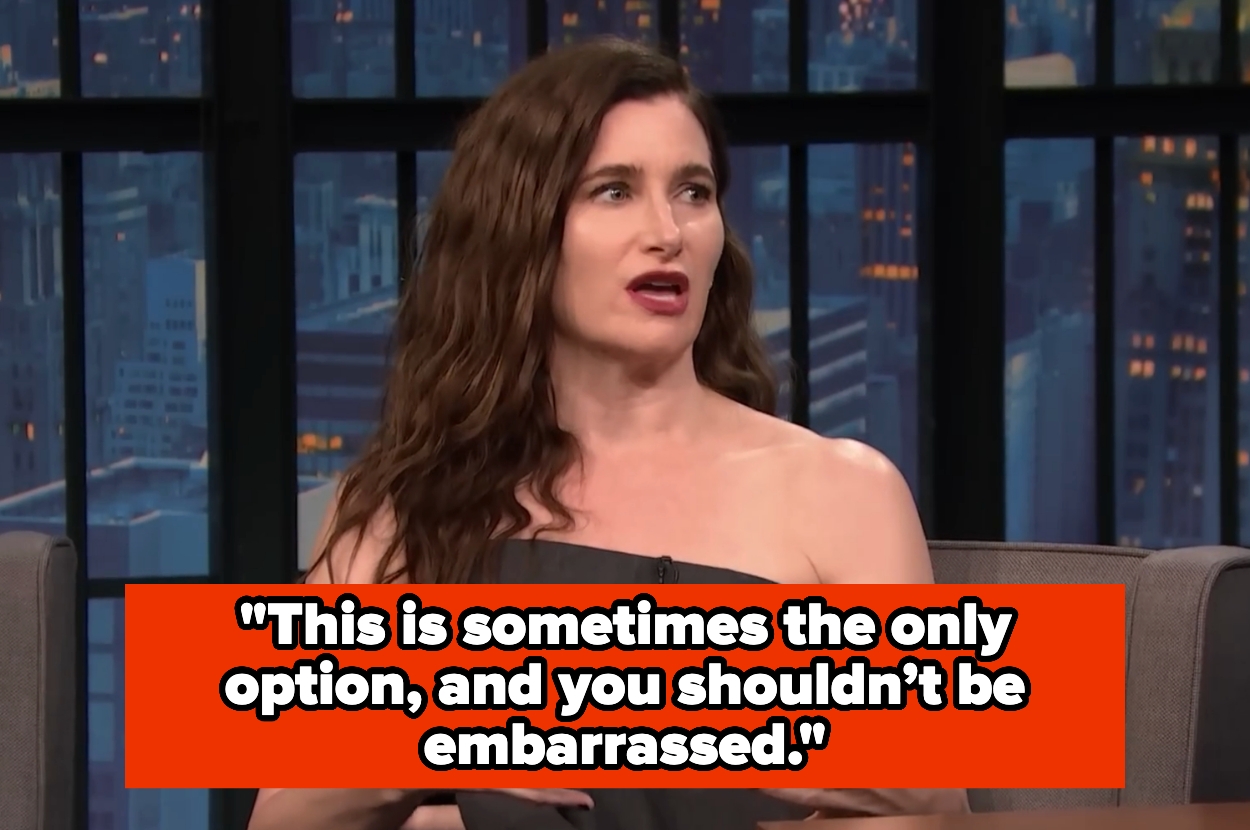 Person on a talk show set, speaking with animated expression. Caption reads: "This is sometimes the only option, and you shouldn't be embarrassed."