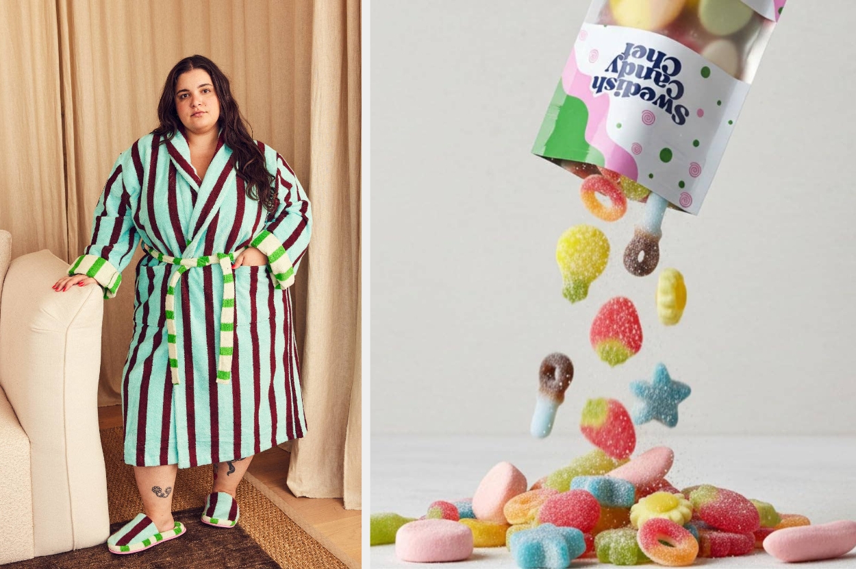 Person in a striped robe and slippers stands next to a spill of colorful gummy candies