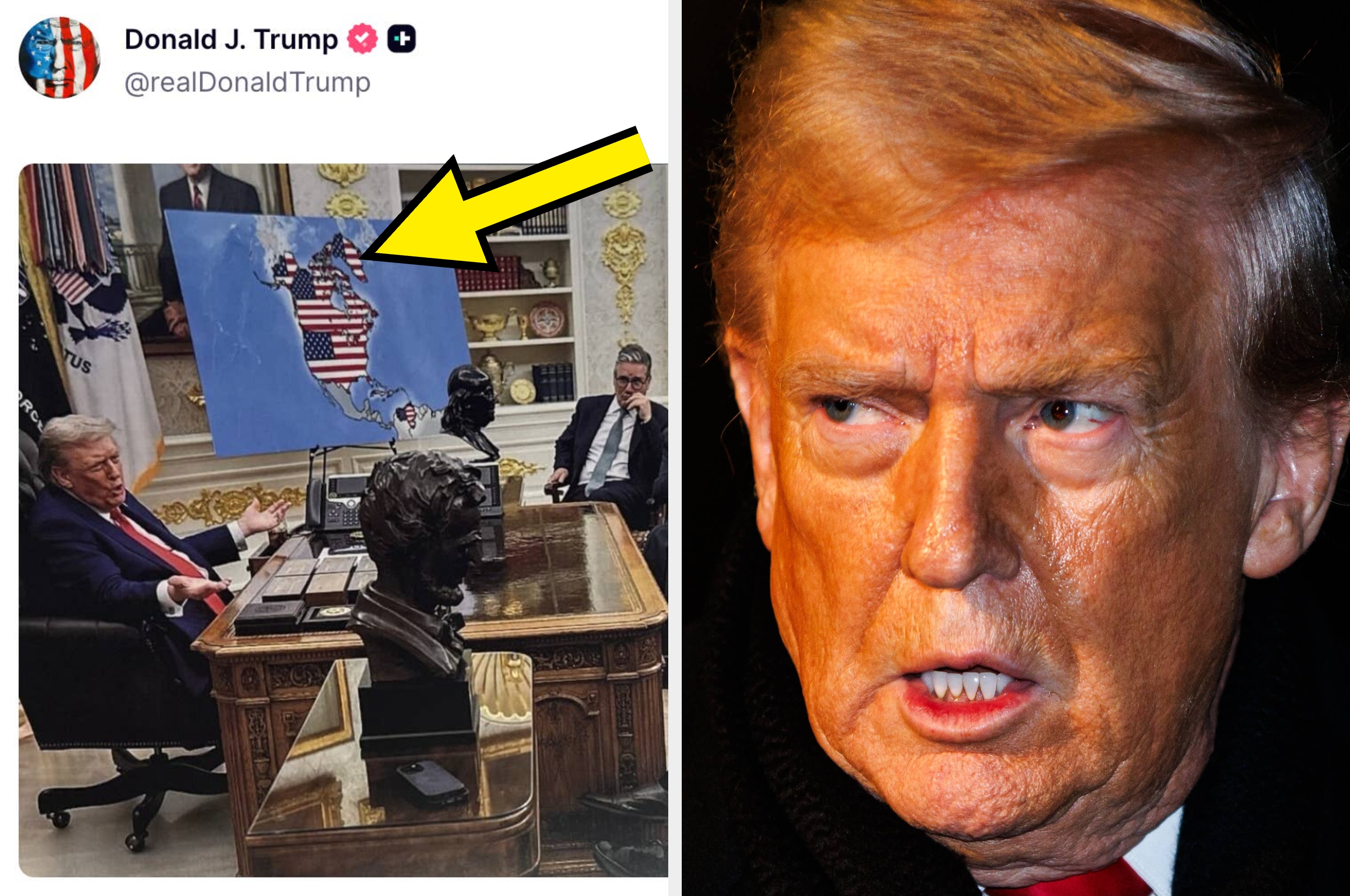 Donald Trump sits at a desk in an office with a large painting of the USA portrayed as a Republican elephant. A side profile photo of him is shown on the right