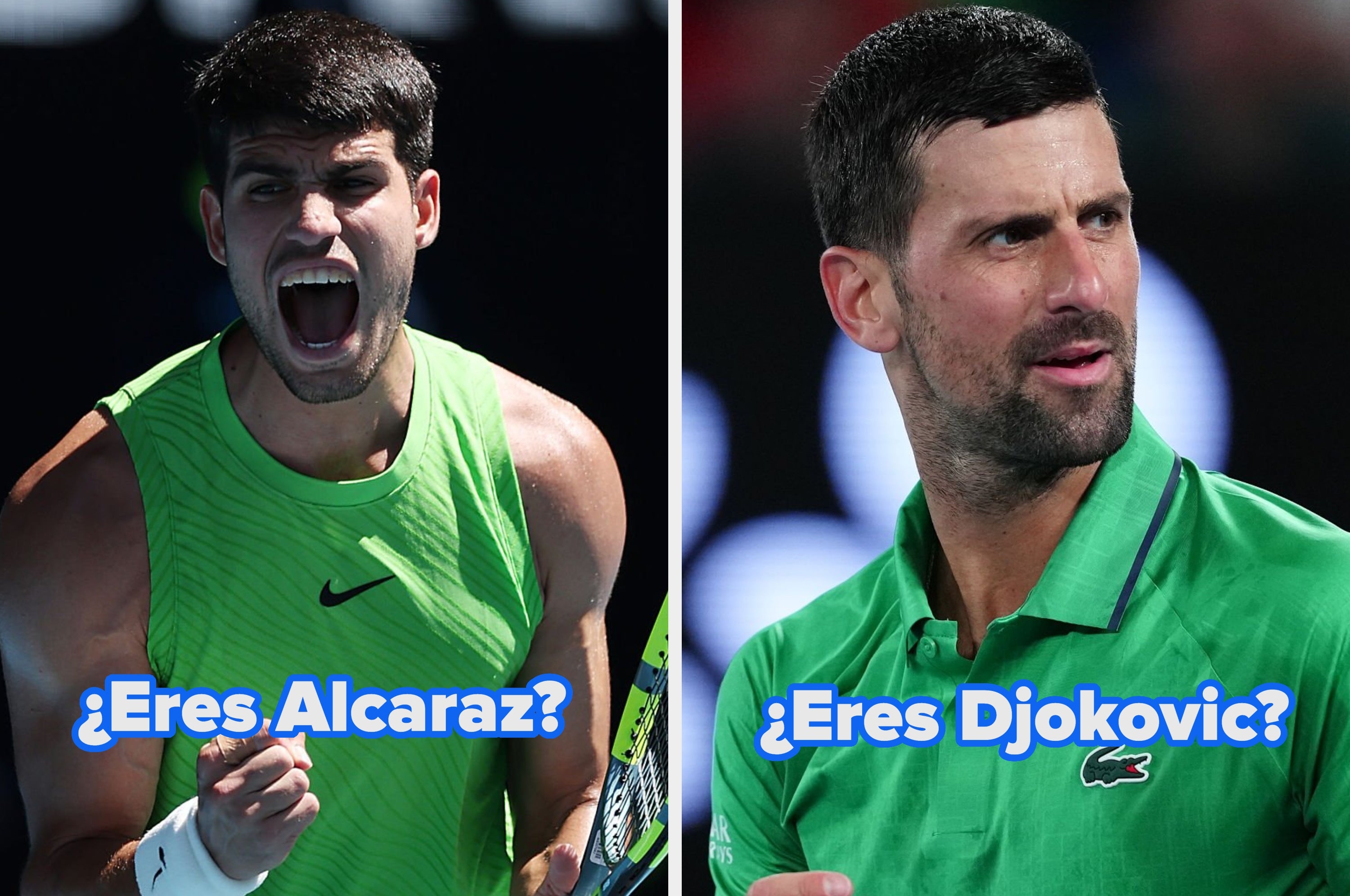 Two tennis players, one exclaiming during a match, the other looking aside. Text asks if they are Alcaraz or Djokovic