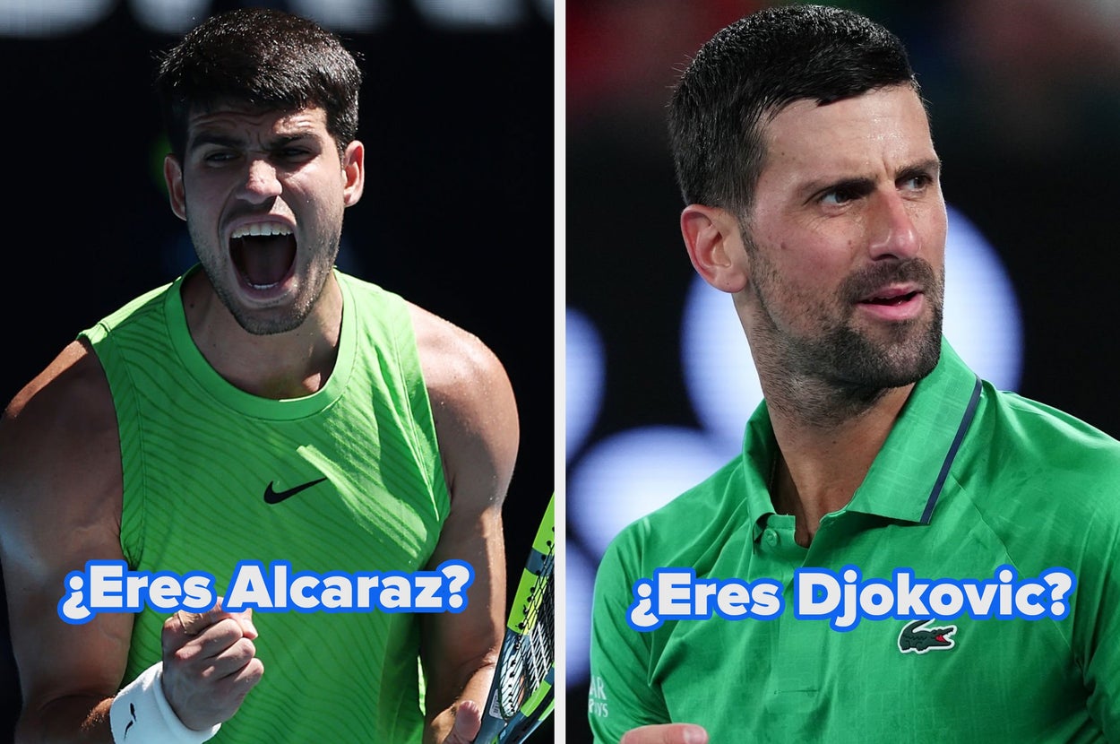 Two tennis players, one exclaiming during a match, the other looking aside. Text asks if they are Alcaraz or Djokovic