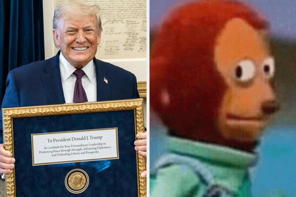 Unidentified person smiling and holding a framed certificate next to a meme image of a surprised puppet character