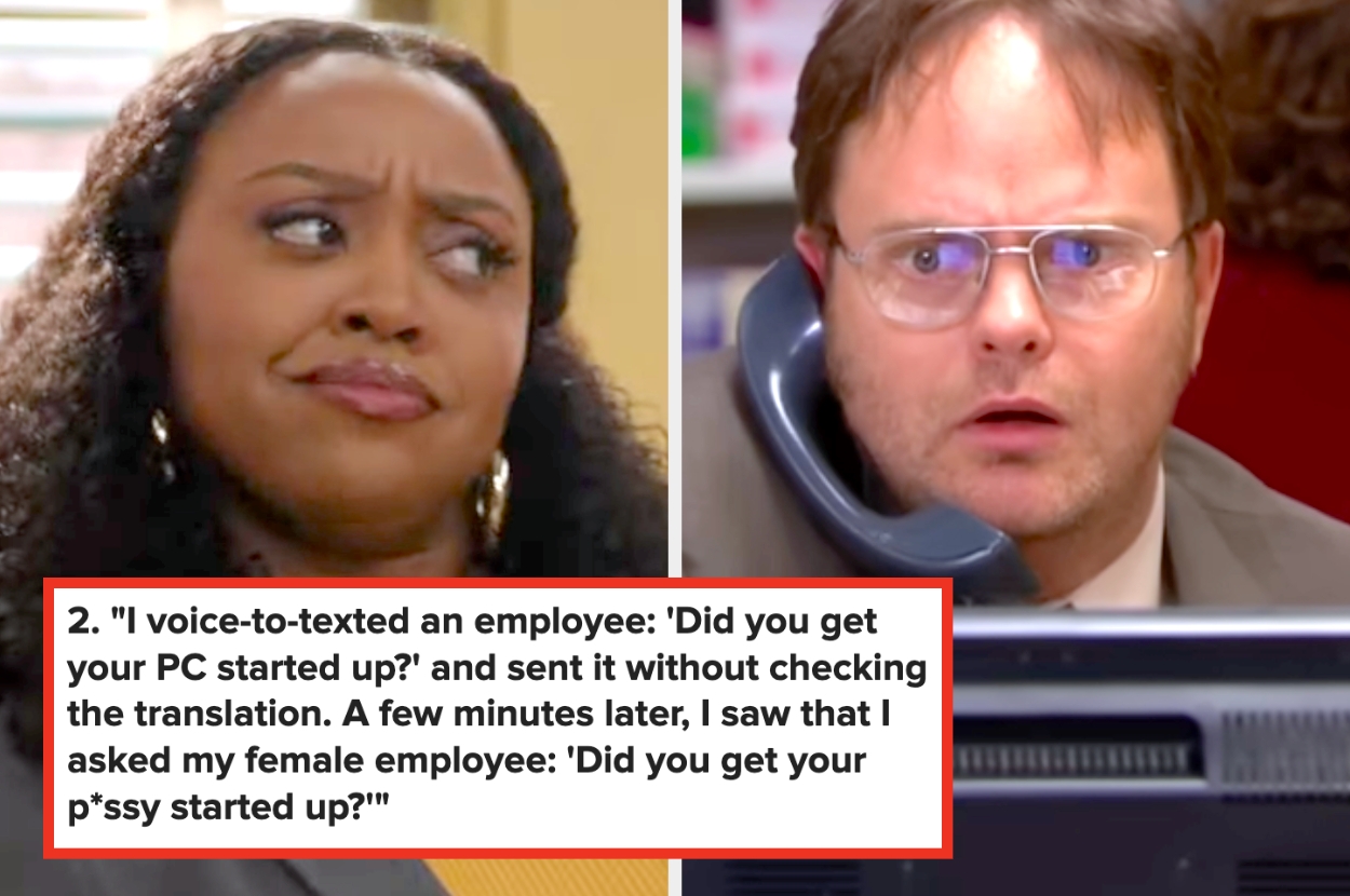 A confused woman looks away while a man at a desk reacts in shock. Caption describes a voice-to-text mishap involving a mistaken message