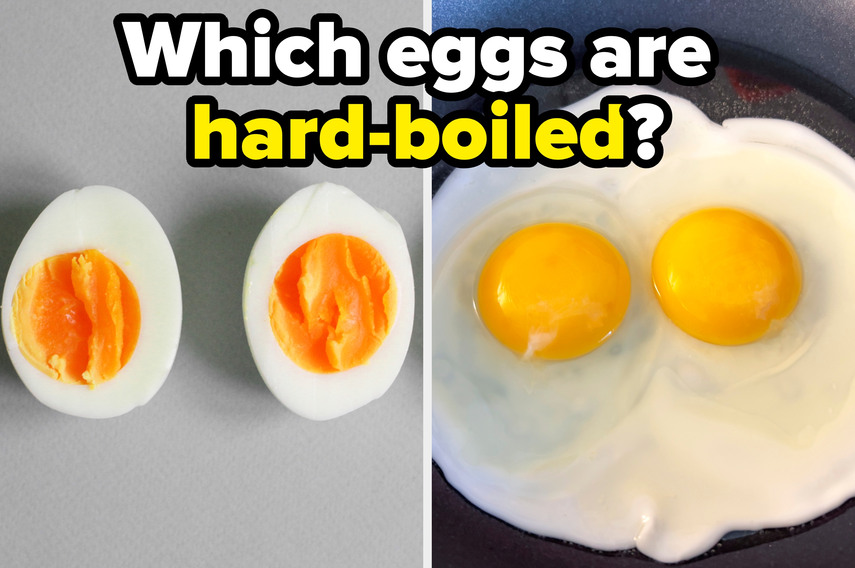 Left shows boiled eggs, right shows frying eggs. Text asks which eggs are boiled