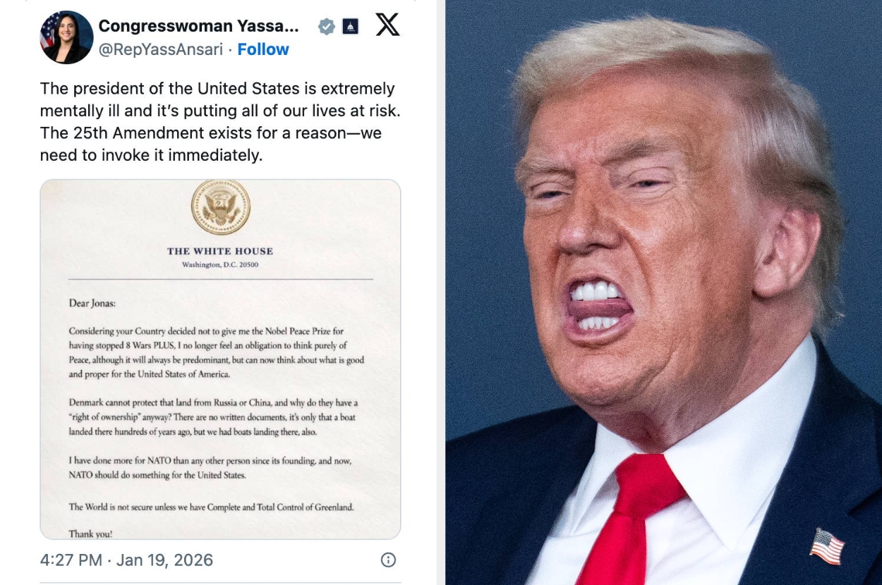 A person in a suit appears to be speaking energetically. Next to them is a tweet with a statement about invoking the 25th Amendment