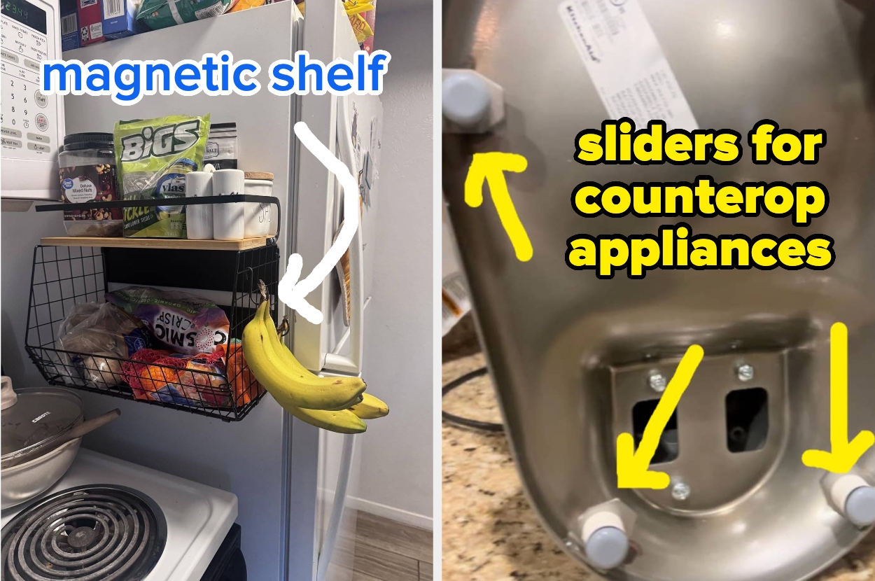 Magnetic shelf holding snacks and bananas on fridge; sliders for countertop appliances shown on bottom of a mixer
