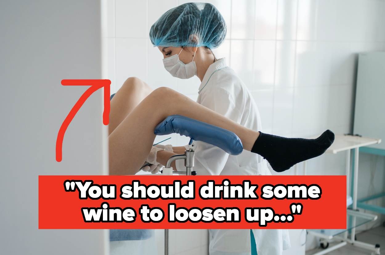 A healthcare professional examines a patient in a medical setting, with a text overlay discussing advice to drink wine for relaxation