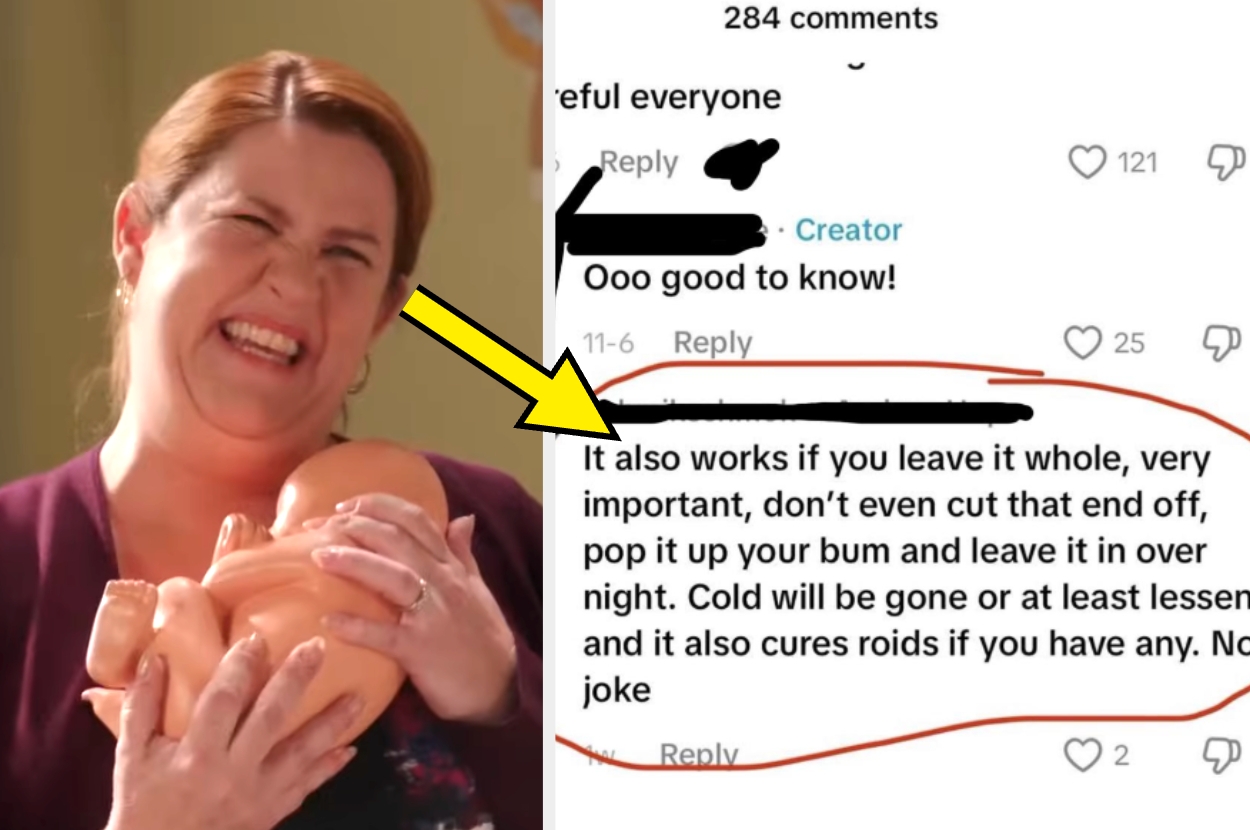 A person smiling while holding a baby doll. To the side, there's highlighted text discussing an unusual remedy involving an item