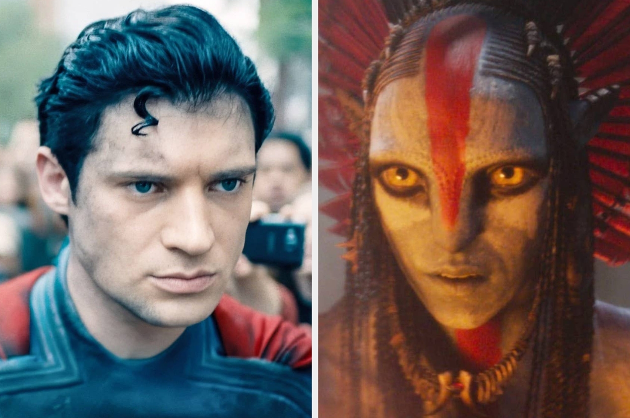 Left: Person in a superhero costume with a curl on the forehead. Right: Character with tribal attire and face paint, showing an intense expression