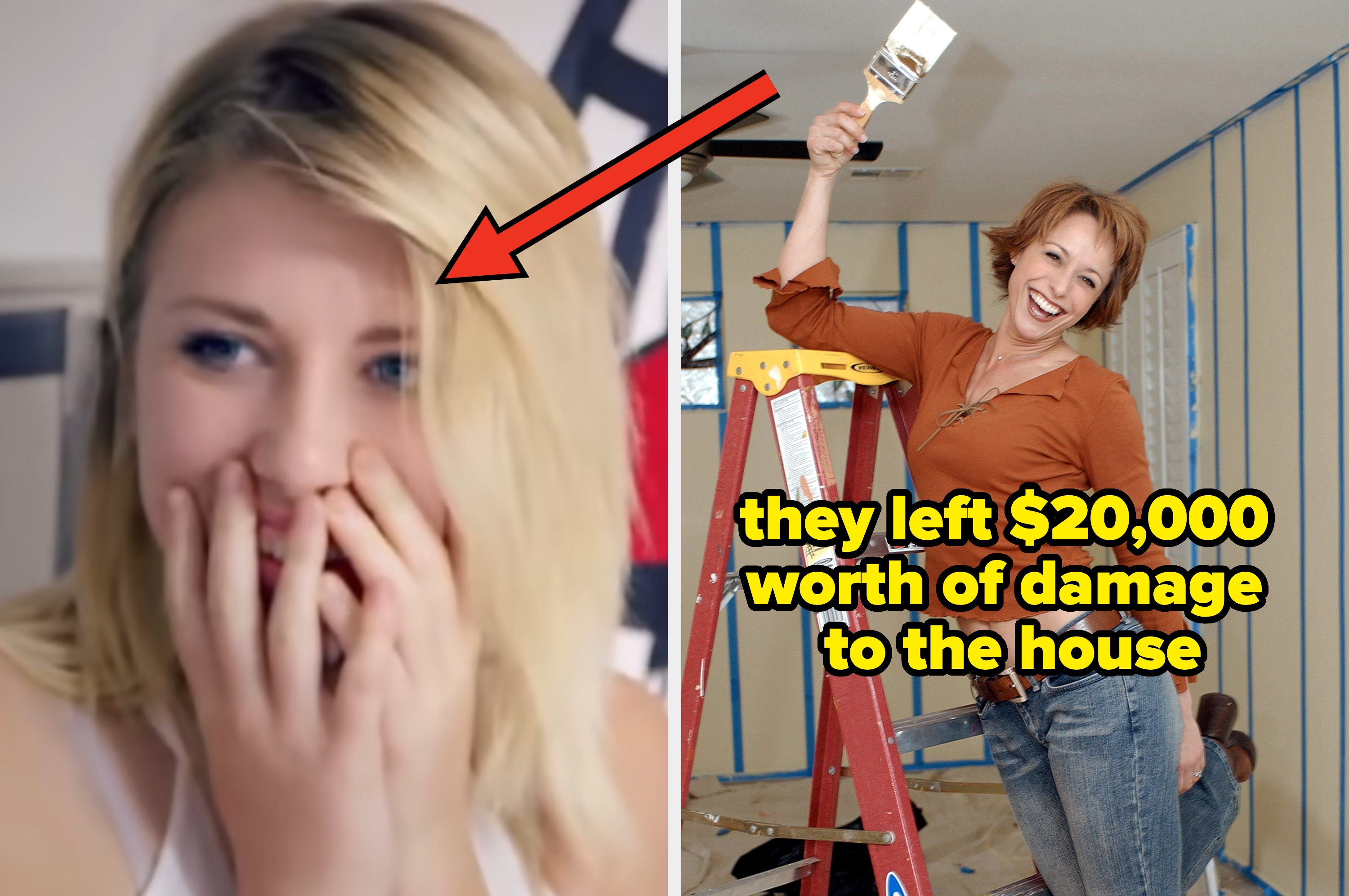 Woman on the left appears surprised; woman on the right poses happily with a paintbrush in a room being renovated