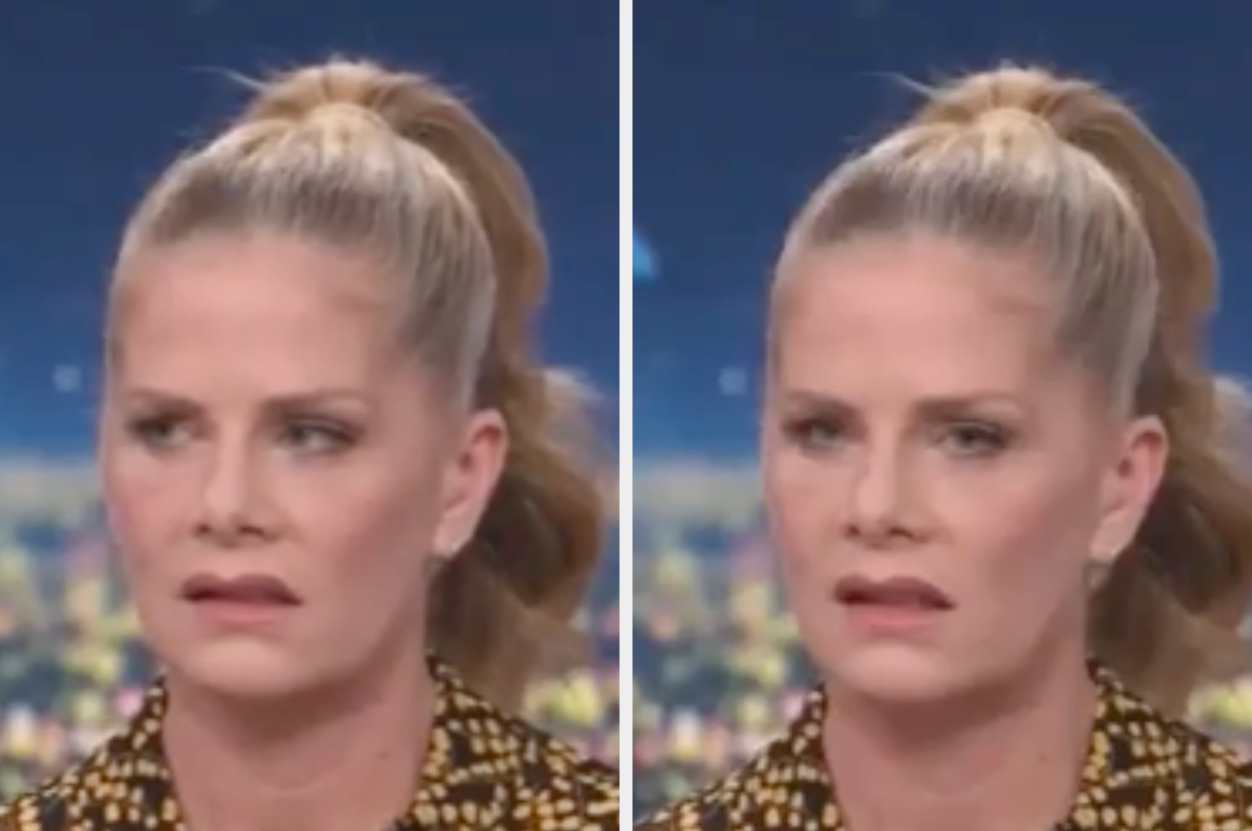 Woman with a high ponytail makes a perplexed face on a TV show, wearing a patterned top