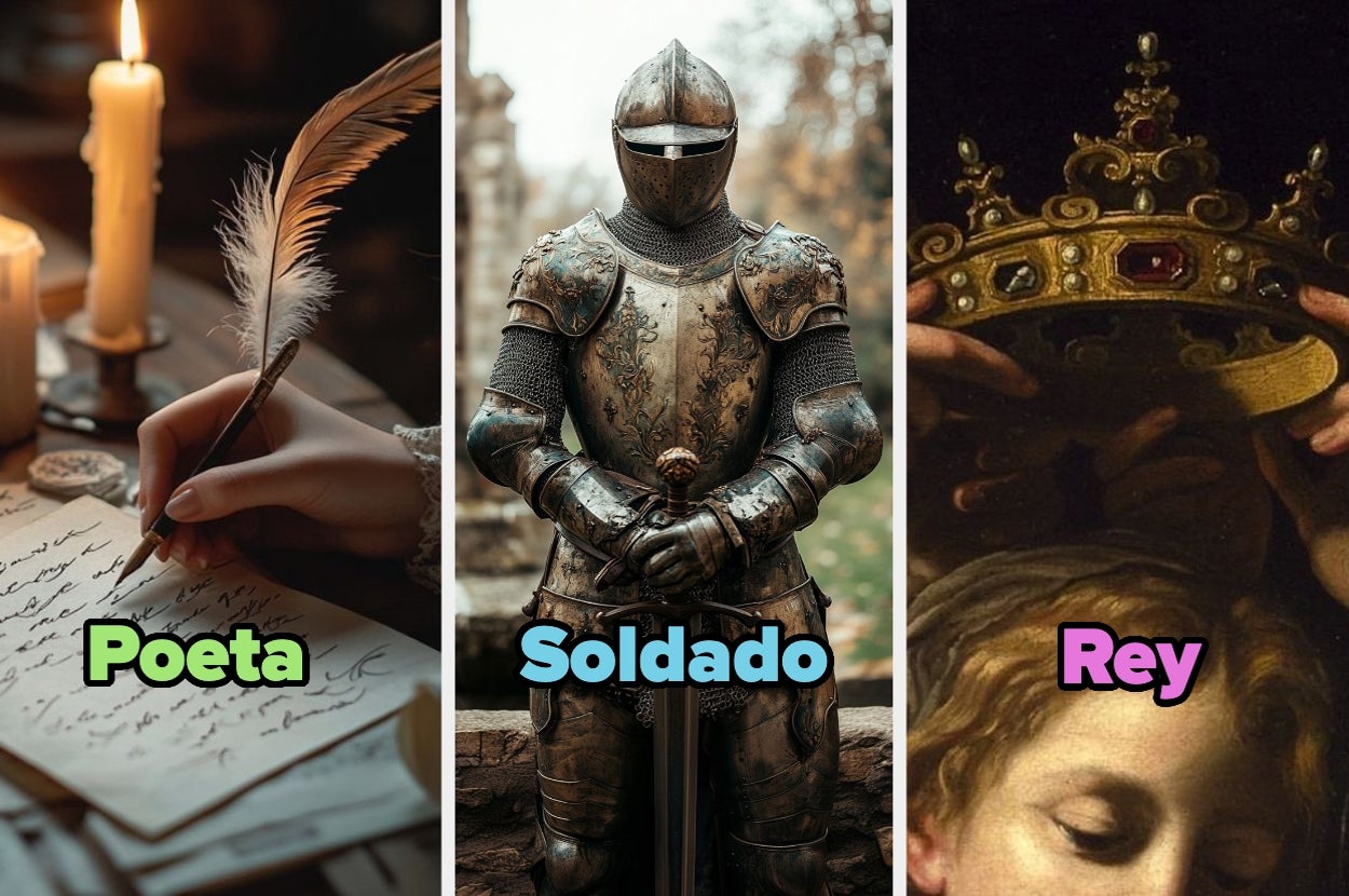 Imagen dividida en tres secciones: una mano escribiendo con pluma (Poeta), un caballero con armadura (Soldado), y manos coronando a alguien (Rey)