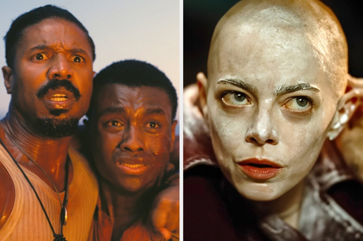 Two intense movie scenes: Left, two people look startled; right, a person with shaved head and dramatic makeup stares intensely