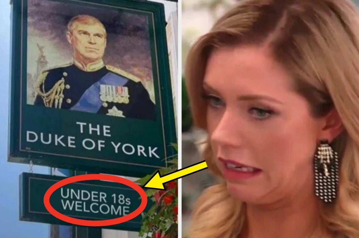 The image shows a bar/restaurant with "The Duke of York" and "Under 18s Welcome" signs; a cringe reaction is shown