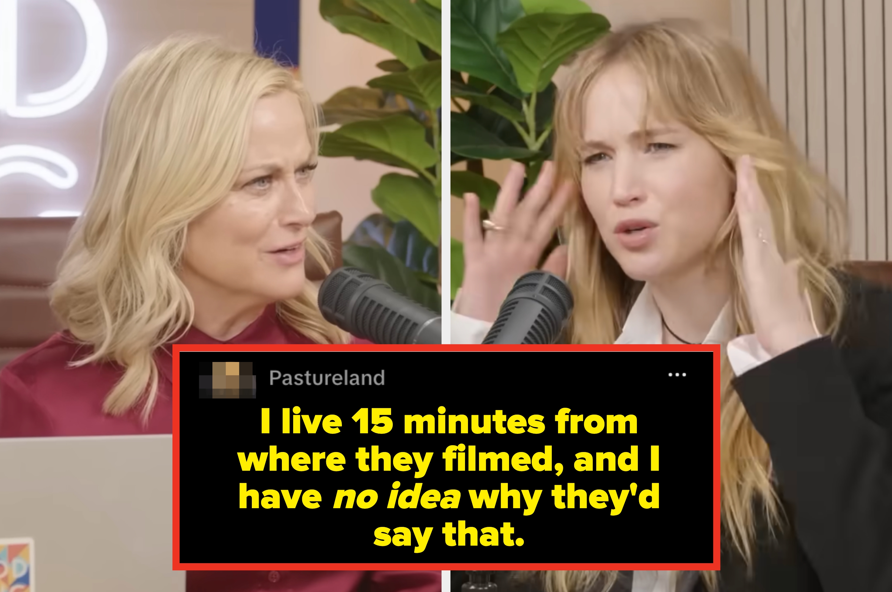 Two women speak into microphones during a podcast. Bold yellow text below quotes one saying she lives 15 minutes from a filming location