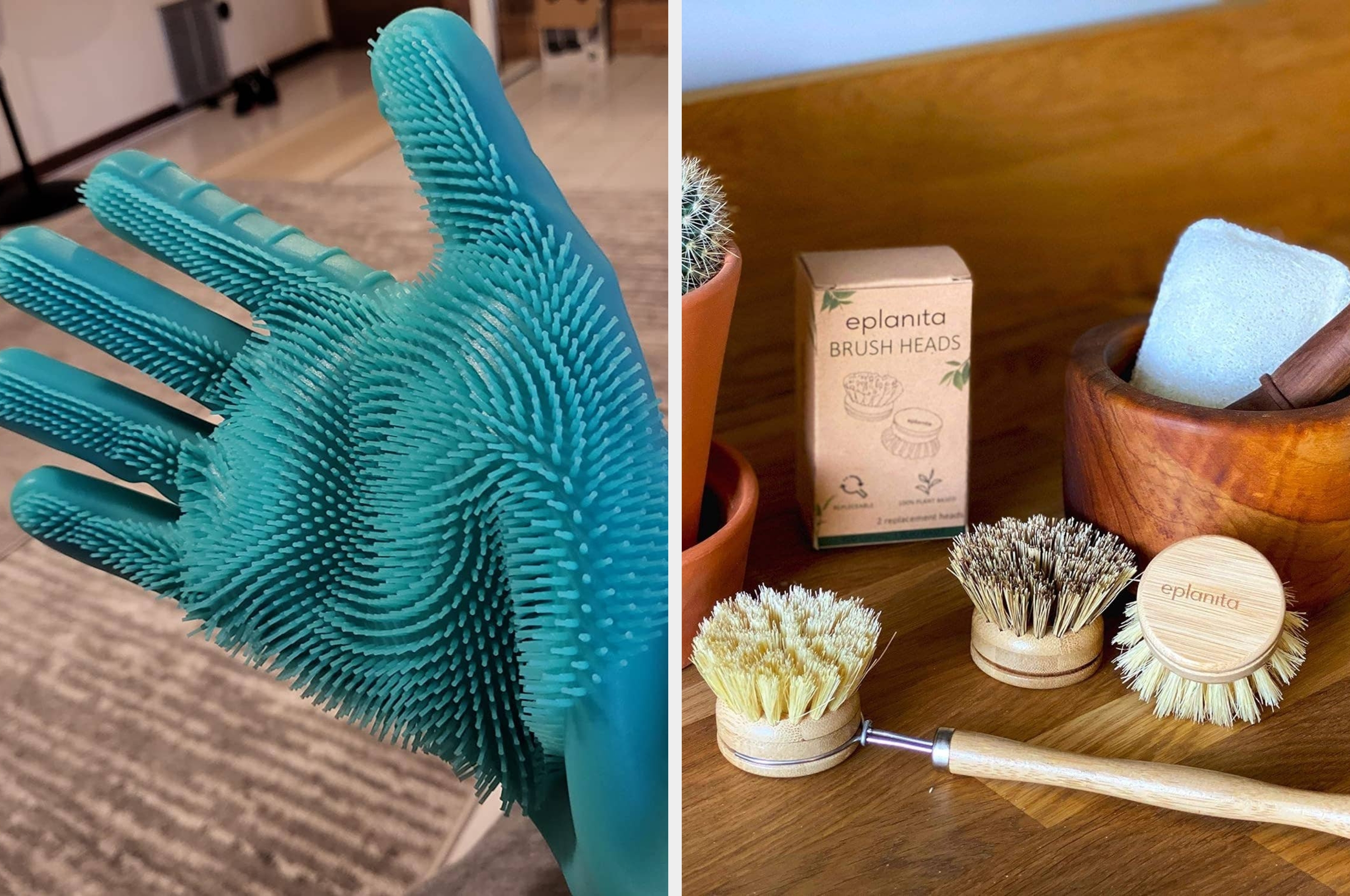 Silicone cleaning glove with brush texture on left; eco-friendly wooden dish brushes and packaging on right, showcased for home cleaning