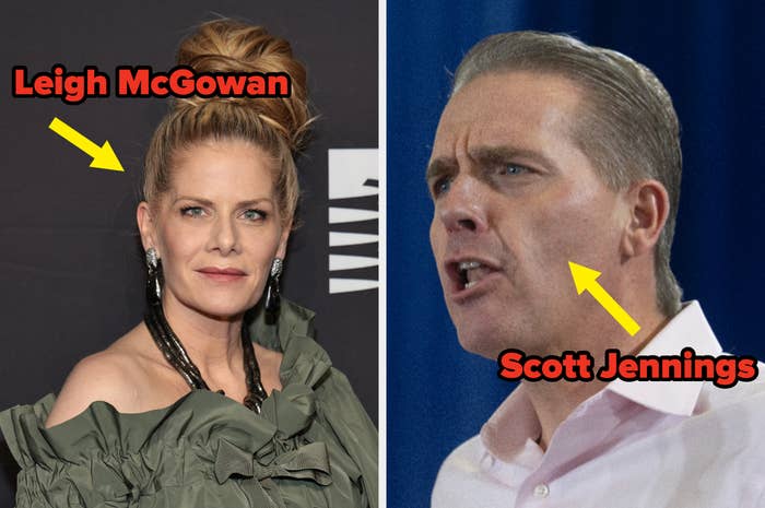 Two photos side by side: Person on left in an off-shoulder dress, hair up; person on right in a shirt speaking animatedly