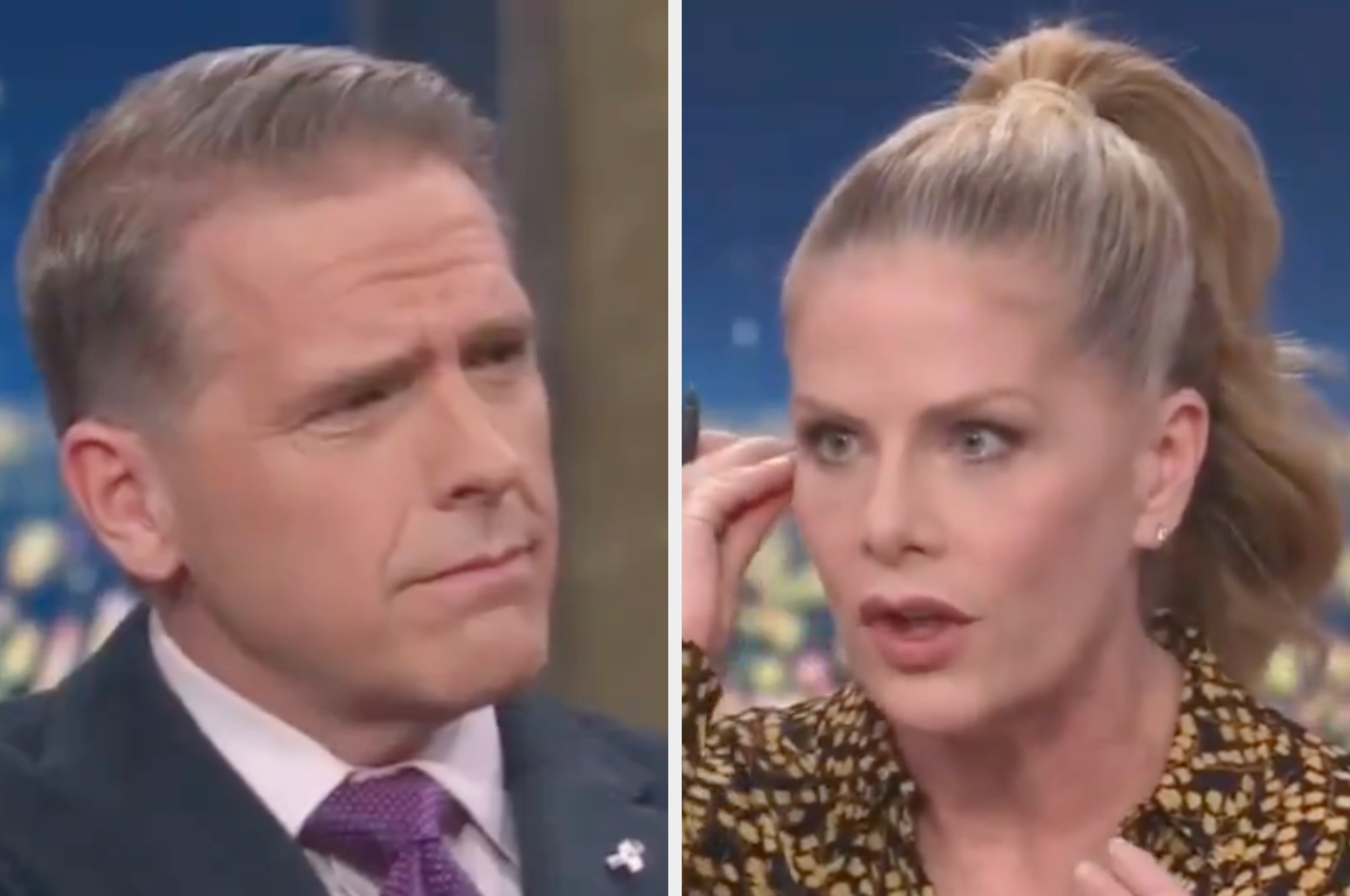 Two people on a talk show panel appearing engaged in conversation. The man is wearing a suit and tie, and the woman has her hair in a ponytail