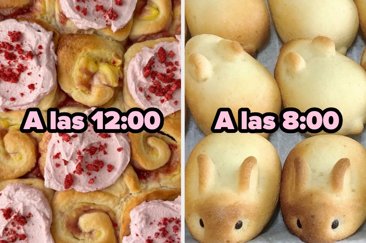 Dos panes al horno; 12:00 con glaseado rosado y chispas, 8:00 en forma de conejo