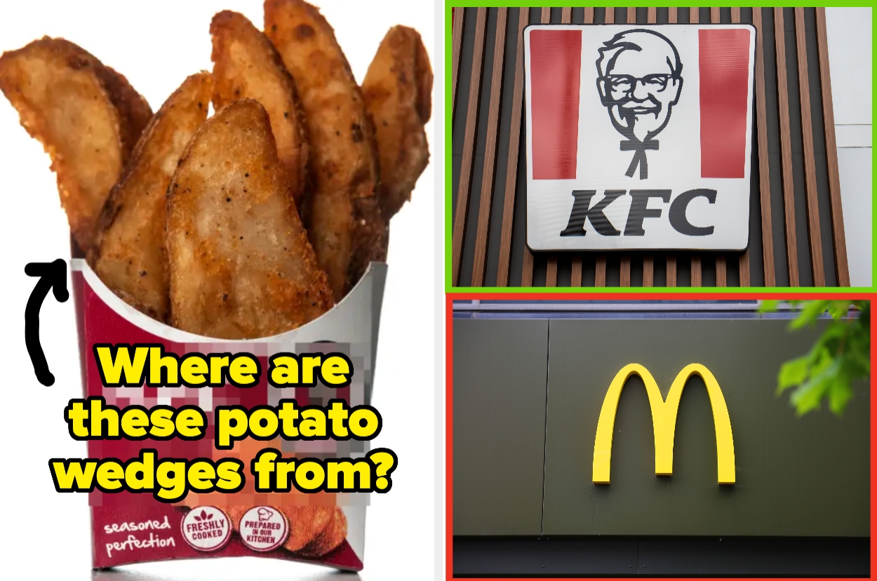 Potato wedges pictured with a question asking about their origin, contrasted with images of KFC and McDonald's signs