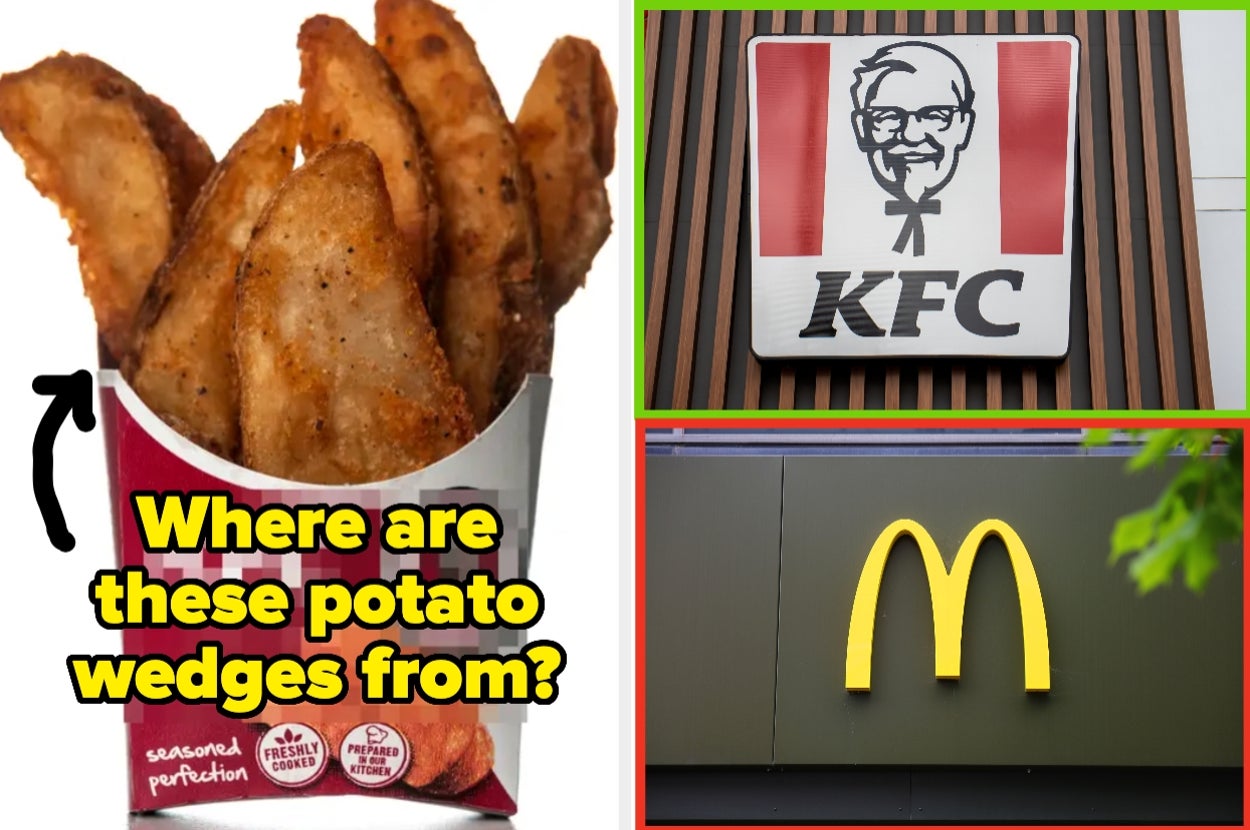 Potato wedges pictured with a question asking about their origin, contrasted with images of KFC and McDonald's signs
