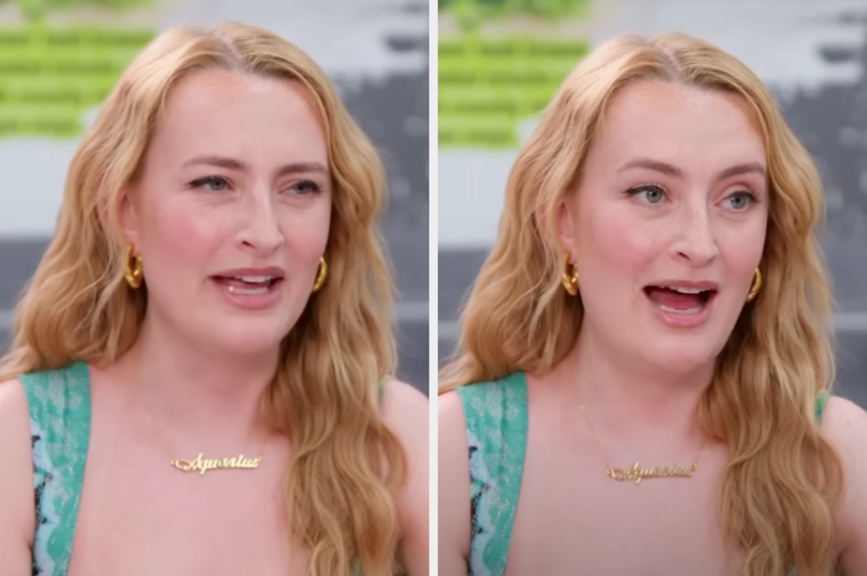 A person with long hair, wearing a nameplate necklace and green dress, appears in two side-by-side images, speaking and expressing different emotions