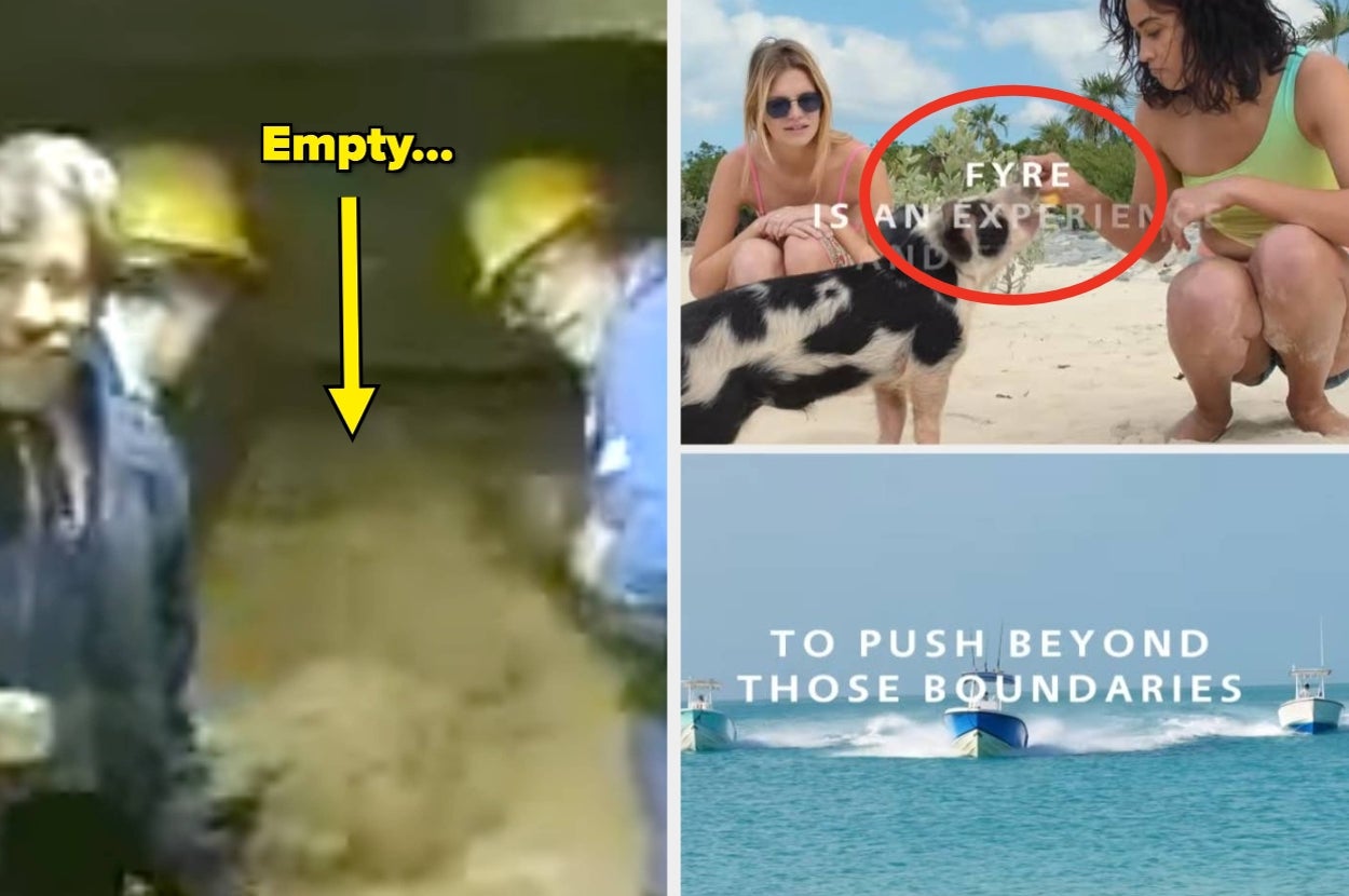Collage of meme images: left shows a scene with people and the caption "Empty...". Right features two images related to Fyre Festival, with pigs on a beach