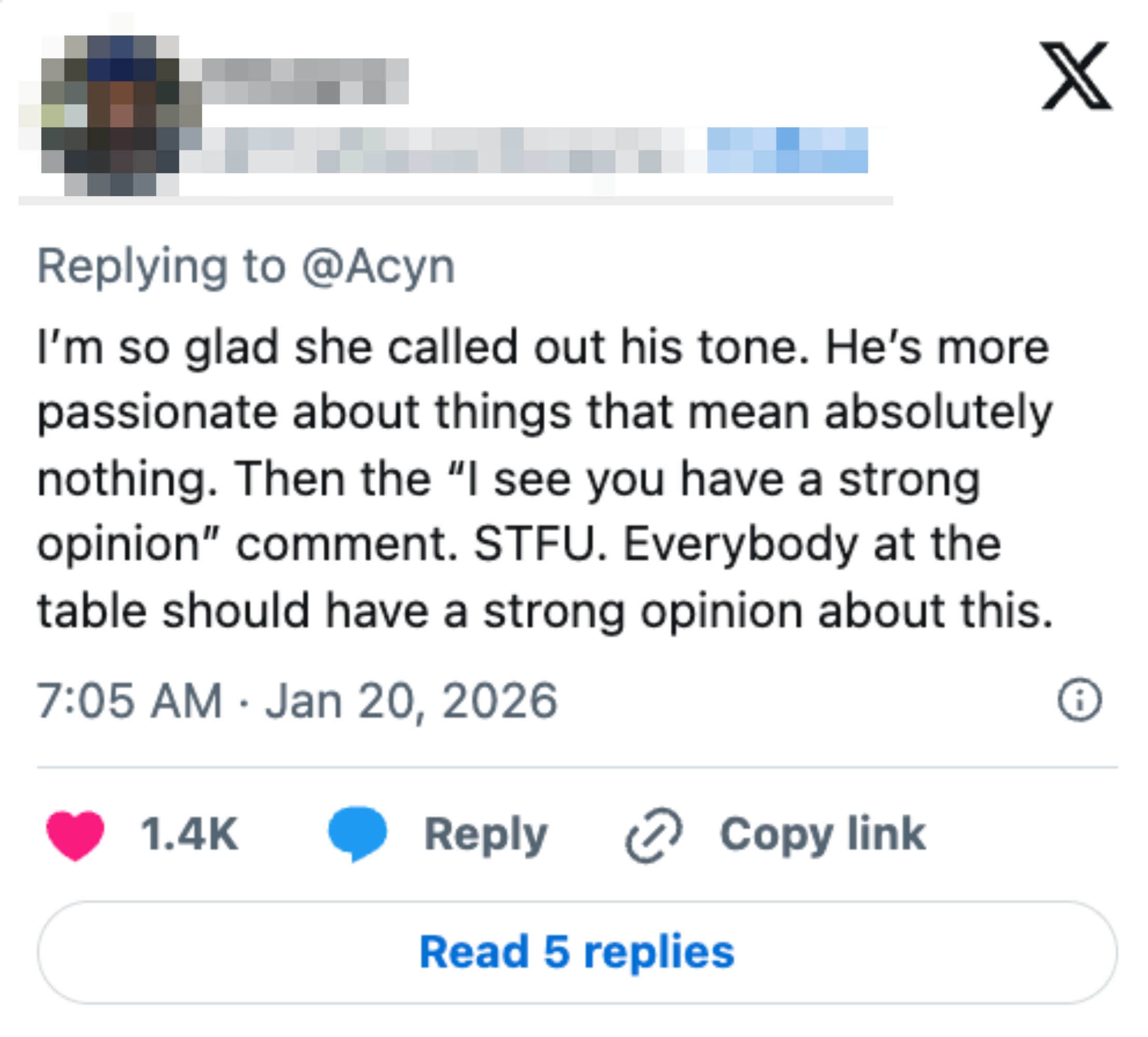 Tweet by Dwayne expressing approval of someone calling out another's tone, mentions strong opinions and includes engagement icons